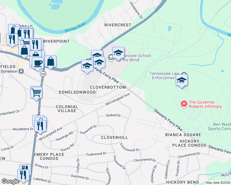 map of restaurants, bars, coffee shops, grocery stores, and more near 2840 Blue Brick Drive in Nashville