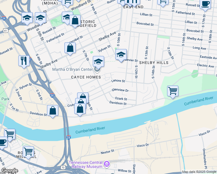 map of restaurants, bars, coffee shops, grocery stores, and more near 740 Lenore Street in Nashville