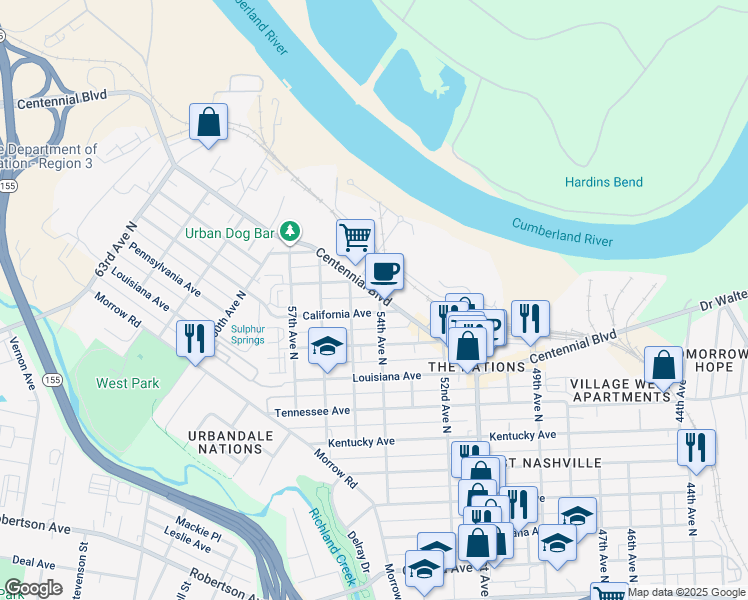 map of restaurants, bars, coffee shops, grocery stores, and more near 5320 Centennial Boulevard in Nashville
