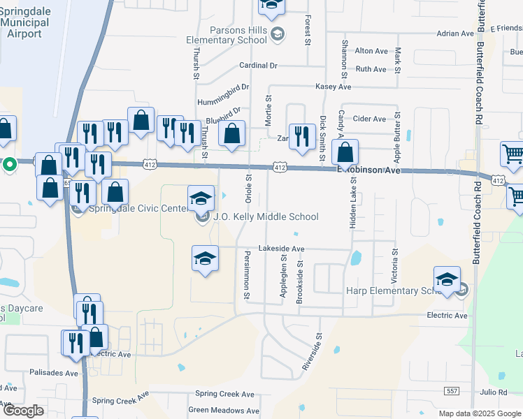 map of restaurants, bars, coffee shops, grocery stores, and more near 2175 Orchard Street in Springdale