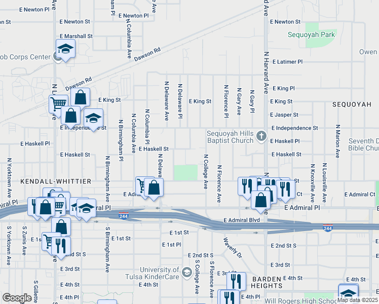 map of restaurants, bars, coffee shops, grocery stores, and more near 2835 East Haskell Street in Tulsa