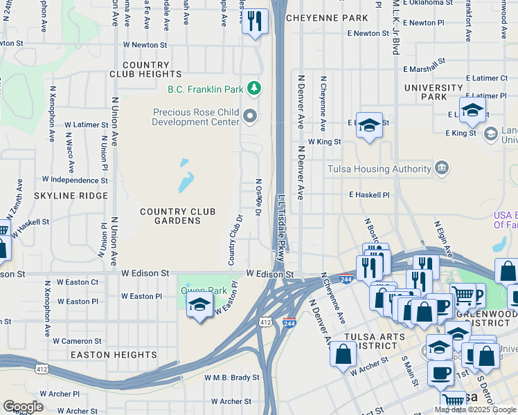 map of restaurants, bars, coffee shops, grocery stores, and more near 711 North Osage Drive in Tulsa