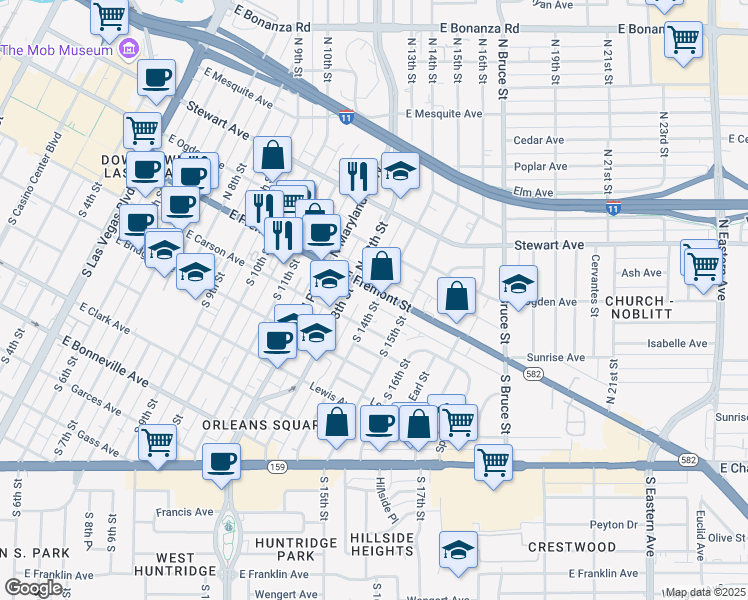 map of restaurants, bars, coffee shops, grocery stores, and more near 1308 East Fremont Street in Las Vegas