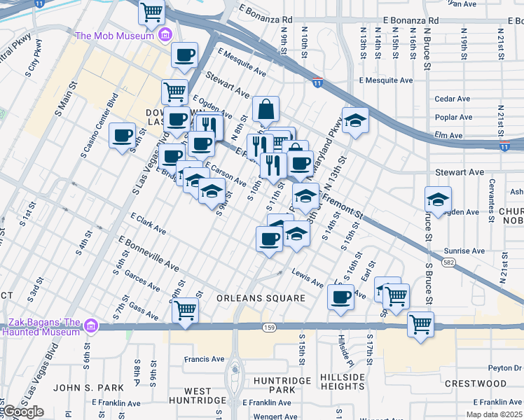 map of restaurants, bars, coffee shops, grocery stores, and more near 218 South 11th Street in Las Vegas