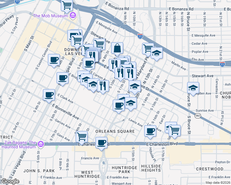 map of restaurants, bars, coffee shops, grocery stores, and more near 218 South 11th Street in Las Vegas