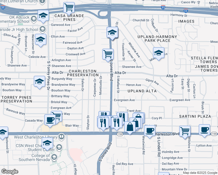 map of restaurants, bars, coffee shops, grocery stores, and more near 6100 Alamo Circle in Las Vegas