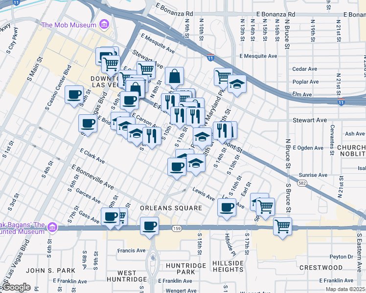map of restaurants, bars, coffee shops, grocery stores, and more near 1146 East Carson Avenue in Las Vegas