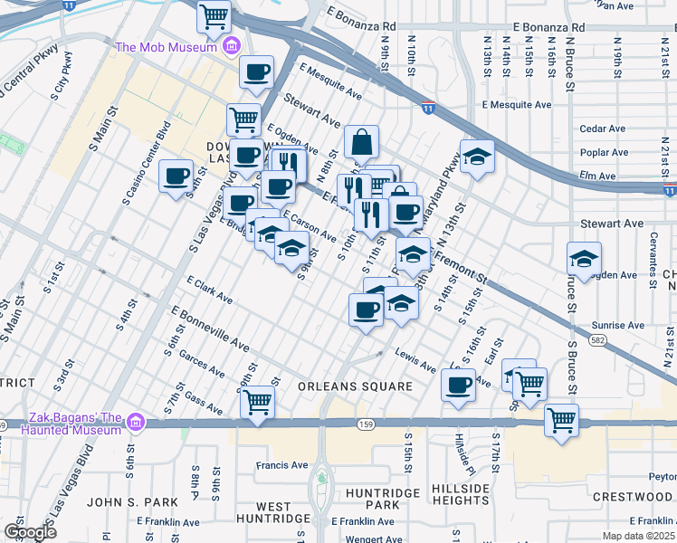 map of restaurants, bars, coffee shops, grocery stores, and more near 221 South 10th Street in Las Vegas