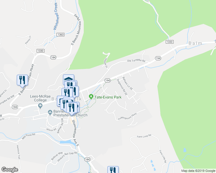 map of restaurants, bars, coffee shops, grocery stores, and more near 150 Rabbit Run Lane in Banner Elk