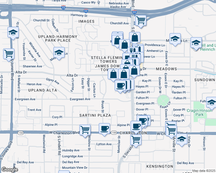 map of restaurants, bars, coffee shops, grocery stores, and more near 612 Brush Street in Las Vegas