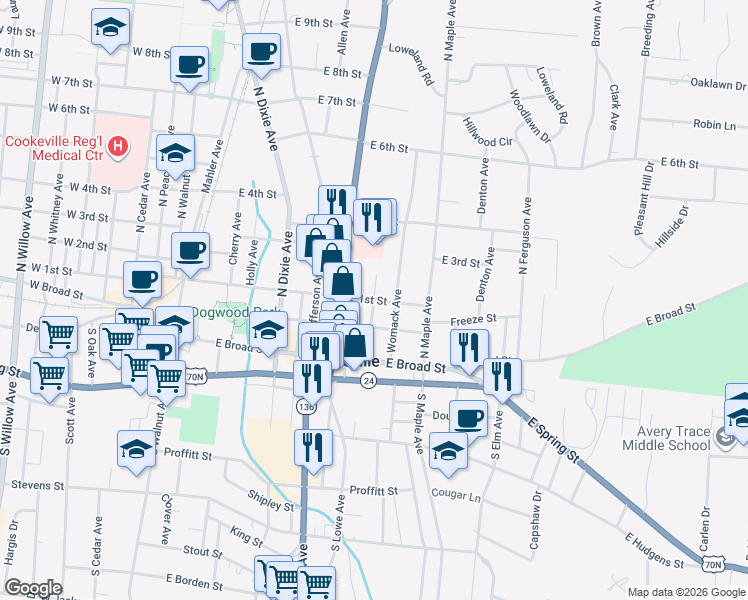 map of restaurants, bars, coffee shops, grocery stores, and more near 105 Davis Avenue in Cookeville