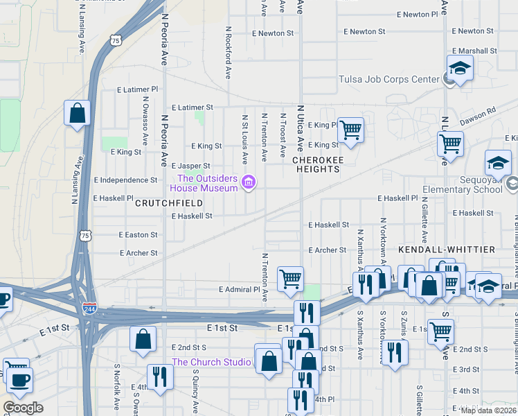 map of restaurants, bars, coffee shops, grocery stores, and more near 717 North Saint Louis Avenue in Tulsa