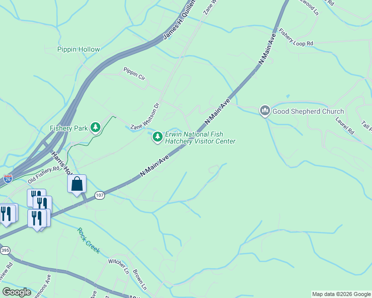 map of restaurants, bars, coffee shops, grocery stores, and more near 1702 N Main Ave in Erwin