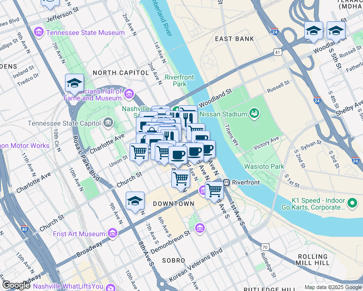 map of restaurants, bars, coffee shops, grocery stores, and more near in Nashville