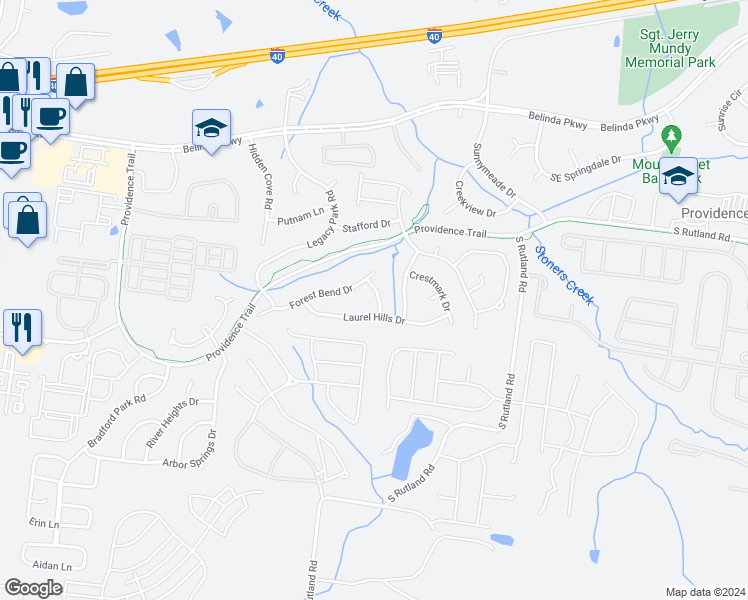 map of restaurants, bars, coffee shops, grocery stores, and more near 505 Garden Drive in Mount Juliet