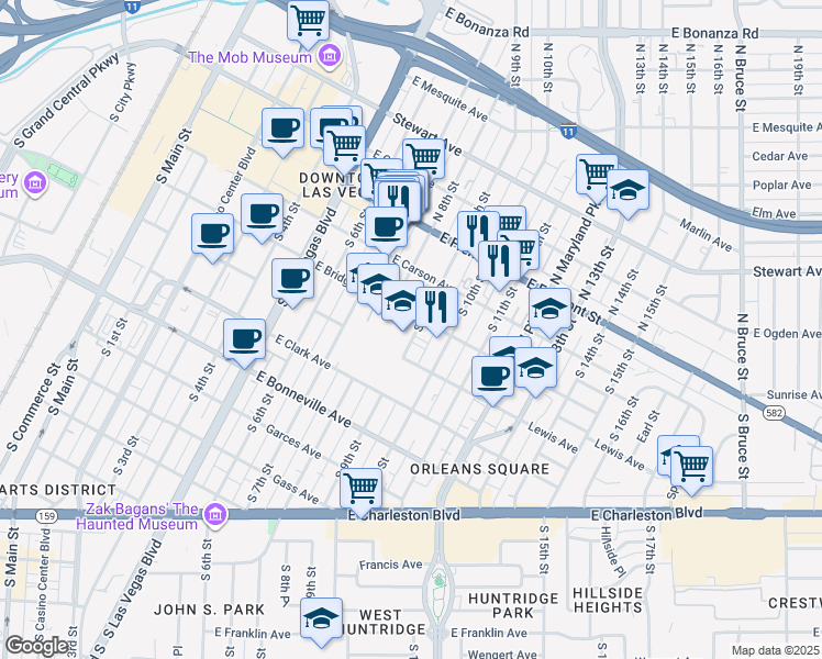 map of restaurants, bars, coffee shops, grocery stores, and more near 300 South 9th Street in Las Vegas