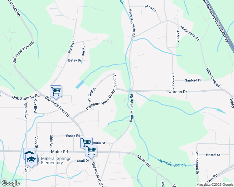 map of restaurants, bars, coffee shops, grocery stores, and more near 1316 Pleasant View Drive Northeast in Winston-Salem