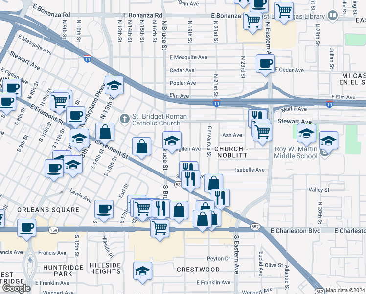 map of restaurants, bars, coffee shops, grocery stores, and more near 200 North 18th Street in Las Vegas