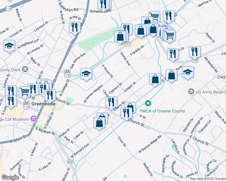 map of restaurants, bars, coffee shops, grocery stores, and more near 312 Cypress Street in Greeneville