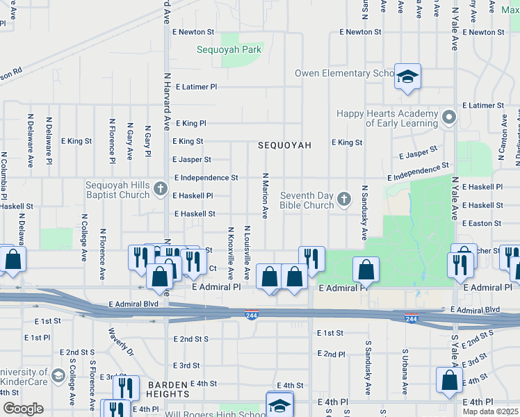 map of restaurants, bars, coffee shops, grocery stores, and more near 721 North Marion Avenue in Tulsa