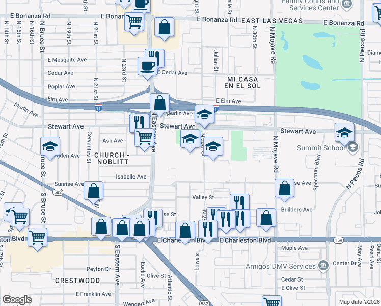 map of restaurants, bars, coffee shops, grocery stores, and more near 211 North 28th Street in Las Vegas