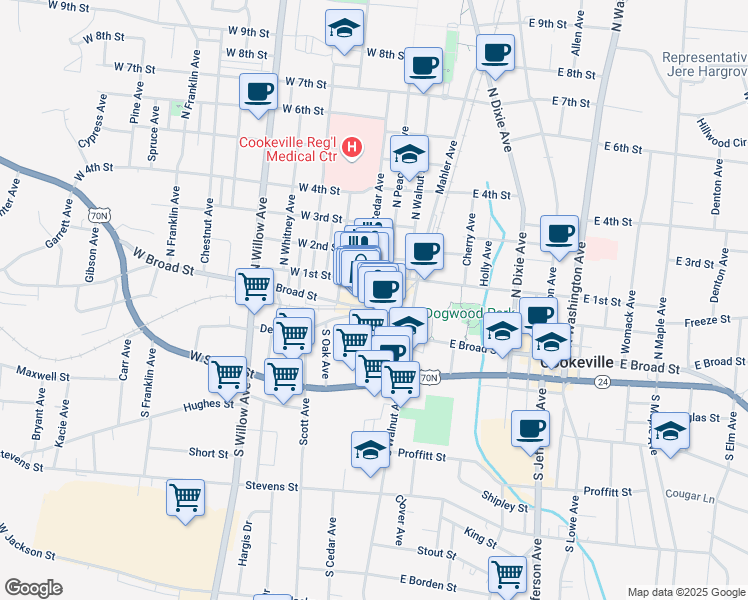 map of restaurants, bars, coffee shops, grocery stores, and more near 29 North Cedar Avenue in Cookeville