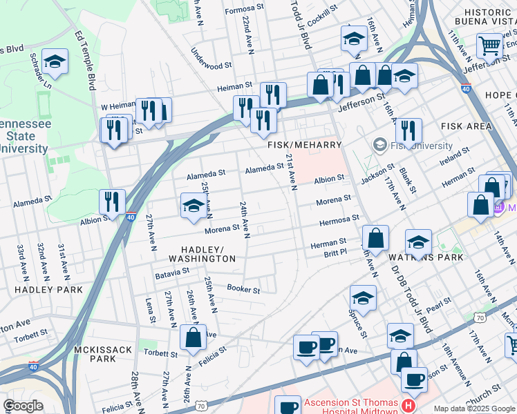 map of restaurants, bars, coffee shops, grocery stores, and more near 2213 Albion Street in Nashville