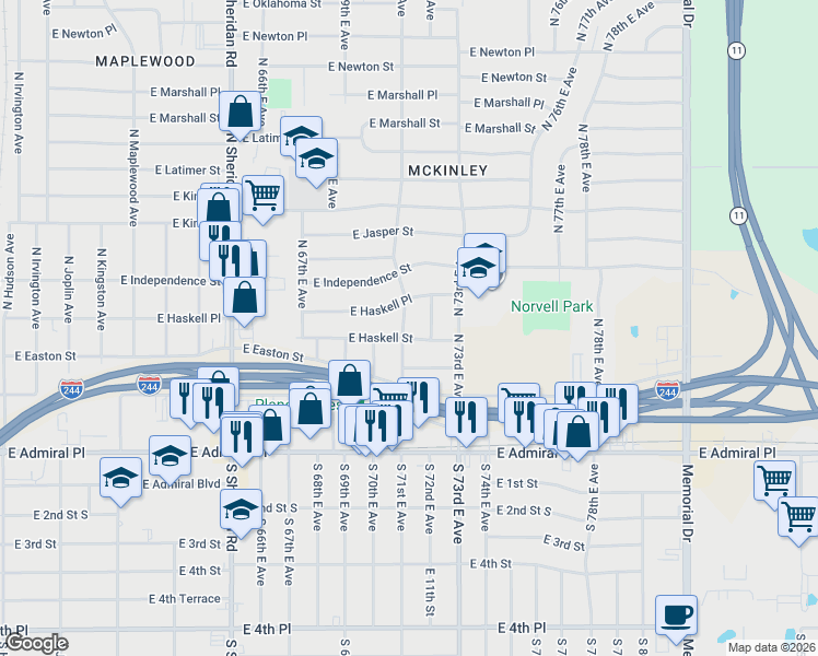 map of restaurants, bars, coffee shops, grocery stores, and more near 714 North 71st East Avenue in Tulsa