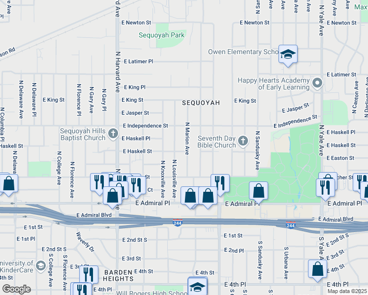 map of restaurants, bars, coffee shops, grocery stores, and more near 721 North Marion Avenue in Tulsa