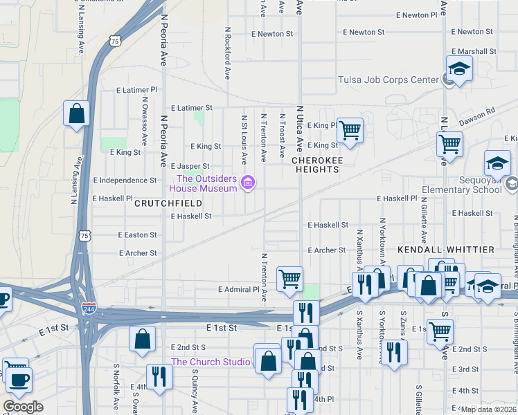 map of restaurants, bars, coffee shops, grocery stores, and more near 717 North Saint Louis Avenue in Tulsa