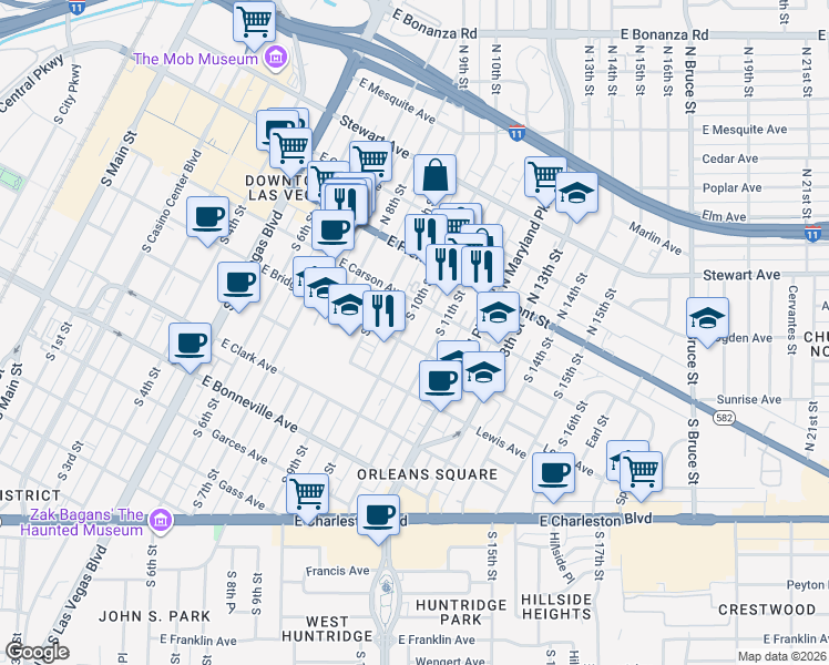 map of restaurants, bars, coffee shops, grocery stores, and more near 221 South 10th Street in Las Vegas