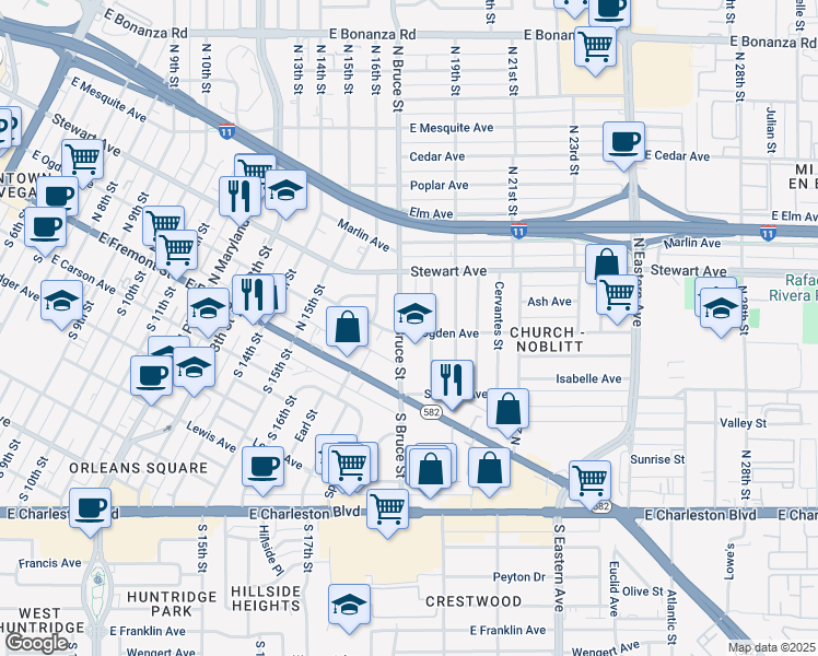 map of restaurants, bars, coffee shops, grocery stores, and more near 200 North Bruce Street in Las Vegas