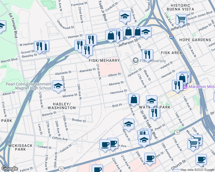 map of restaurants, bars, coffee shops, grocery stores, and more near 1912 Morena Street in Nashville