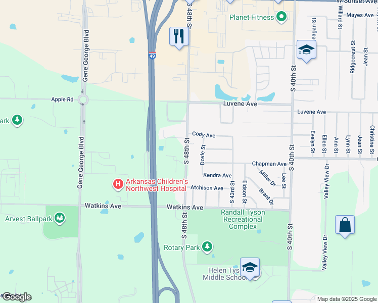 map of restaurants, bars, coffee shops, grocery stores, and more near 2377 South 48th Street in Springdale