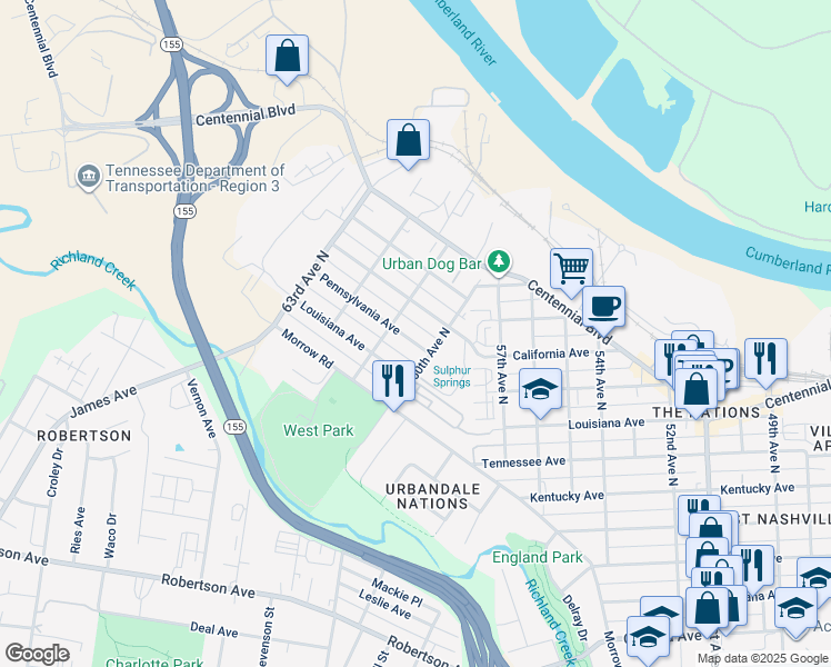 map of restaurants, bars, coffee shops, grocery stores, and more near 6016 Pennsylvania Avenue in Nashville