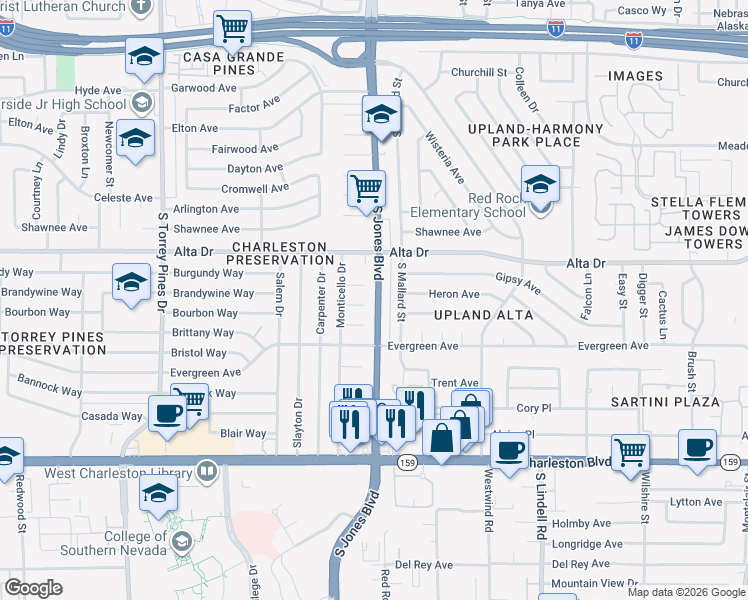 map of restaurants, bars, coffee shops, grocery stores, and more near 6100 Alamo Circle in Las Vegas