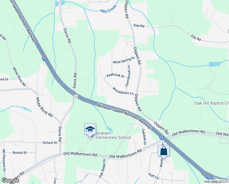 map of restaurants, bars, coffee shops, grocery stores, and more near 5022 Woodsboro Lane in Winston-Salem