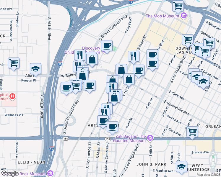 map of restaurants, bars, coffee shops, grocery stores, and more near 5 West Bonneville Avenue in Las Vegas
