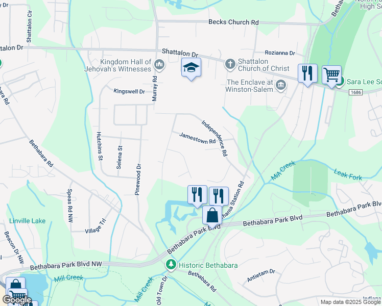 map of restaurants, bars, coffee shops, grocery stores, and more near 2190 Indian Trail in Winston-Salem