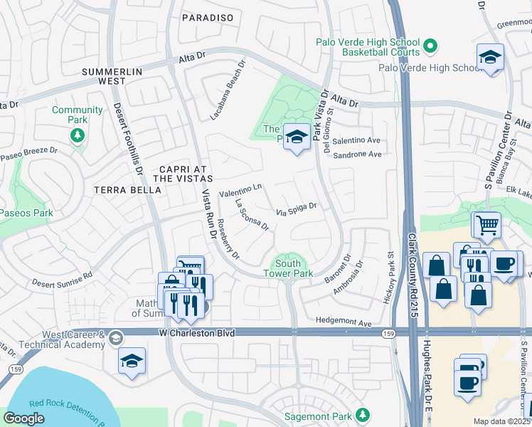 map of restaurants, bars, coffee shops, grocery stores, and more near 11421 Via Spiga Drive in Las Vegas