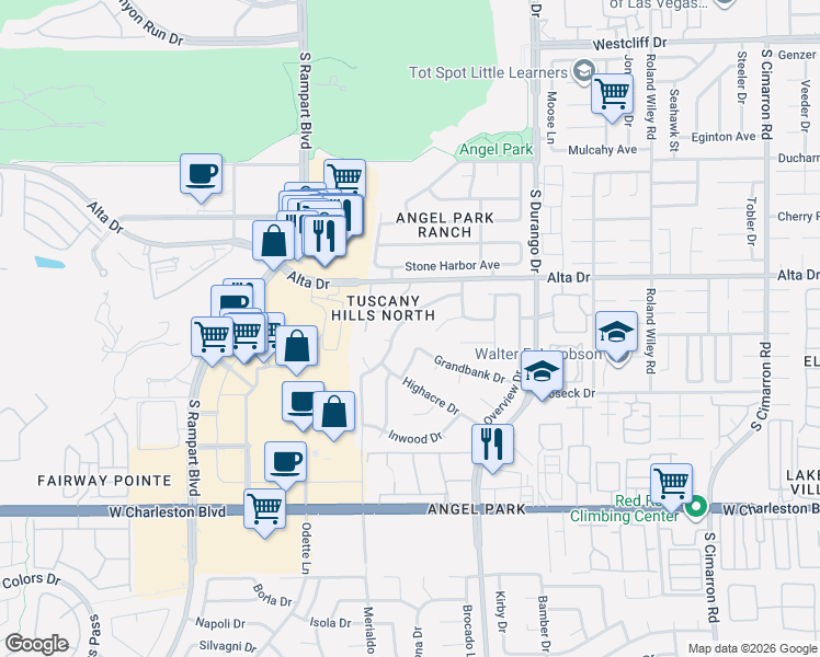 map of restaurants, bars, coffee shops, grocery stores, and more near 600 Ampere Lane in Las Vegas