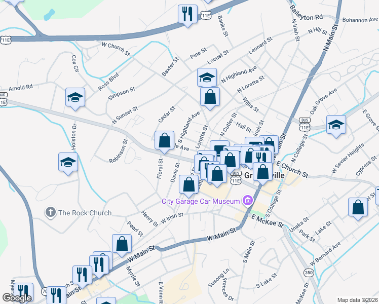 map of restaurants, bars, coffee shops, grocery stores, and more near 405 Maple Avenue in Greeneville