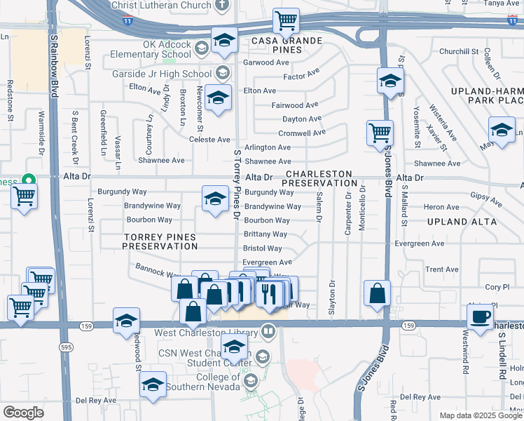 map of restaurants, bars, coffee shops, grocery stores, and more near 6324 Brandywine Way in Las Vegas