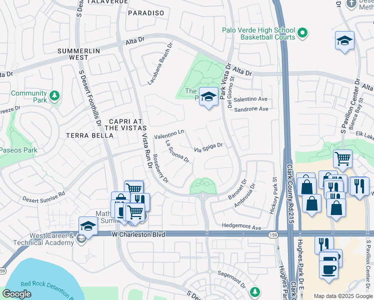 map of restaurants, bars, coffee shops, grocery stores, and more near 11421 Via Spiga Drive in Las Vegas