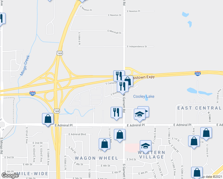 map of restaurants, bars, coffee shops, grocery stores, and more near 208 North 112th East Avenue in Tulsa