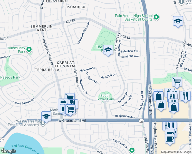 map of restaurants, bars, coffee shops, grocery stores, and more near 11425 Via Spiga Drive in Las Vegas