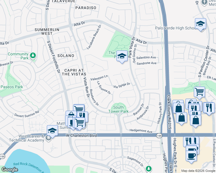 map of restaurants, bars, coffee shops, grocery stores, and more near 11425 Via Spiga Drive in Las Vegas
