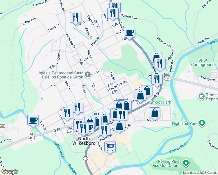 map of restaurants, bars, coffee shops, grocery stores, and more near 512 6th Street in North Wilkesboro