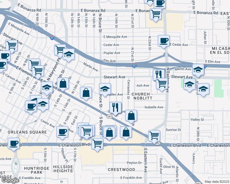 map of restaurants, bars, coffee shops, grocery stores, and more near 208 North 18th Street in Las Vegas