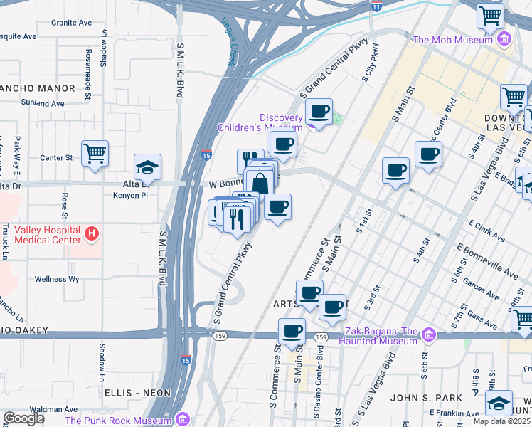 map of restaurants, bars, coffee shops, grocery stores, and more near 505 South Grand Central Parkway in Las Vegas